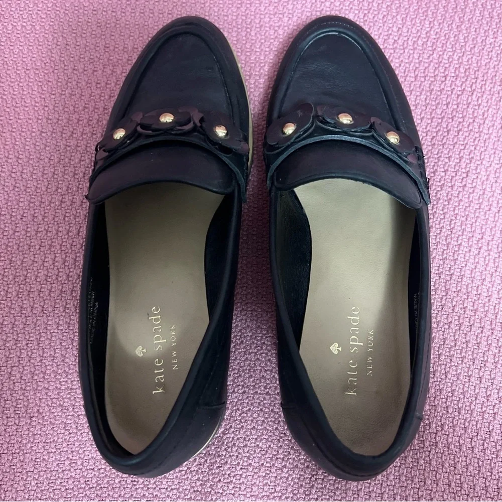 Kate Spade Karisa Black Leather Loafers, black floral/gold accent 7 1/2
